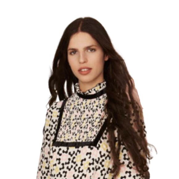 Orla Kiely x Leith Clark Blouse Bib Neck Floral Button Back Velvet Trim Womens 2 - Picture 14 of 15